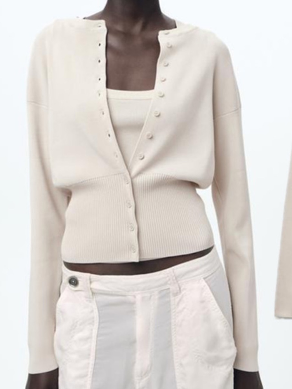 Zara Cream Button-Up Fitted Hem Cardigan